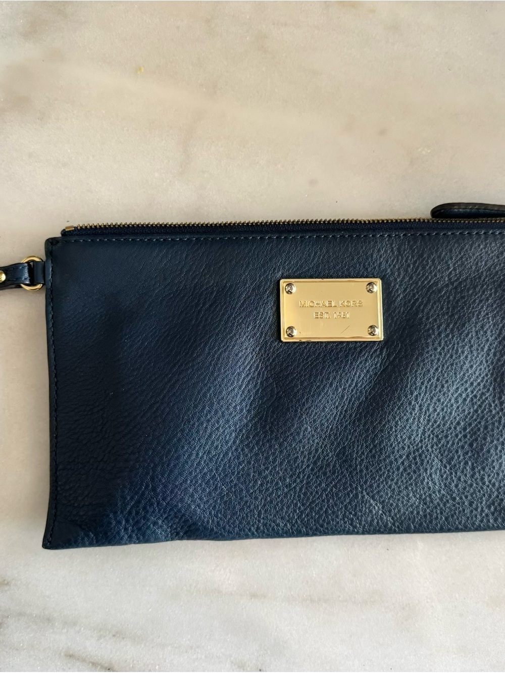 Michael Kors Blue Leather Wristlet with Gold Plaque